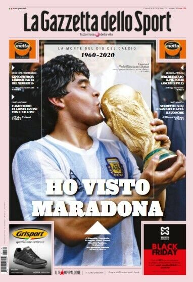 GAZZETTA DELLO SPORT HO VISTO MARADONA 26/11/2020 MORTE DIEGO ARMANDO GIORNALE