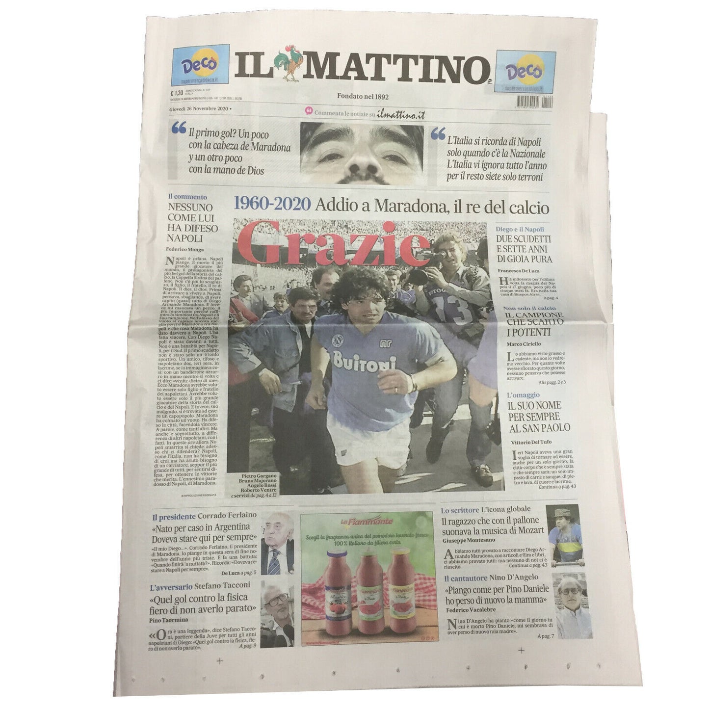 Giornale Il Mattino di NAPOLI del 26/11 Grazie Diego Armando MARADONA 1960-2020