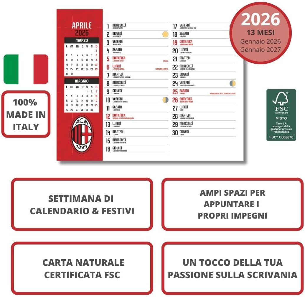Calendario Verticale Milan 2026+ Calendario da tavolo 2026 13 mesi - Prodotto Ufficiale