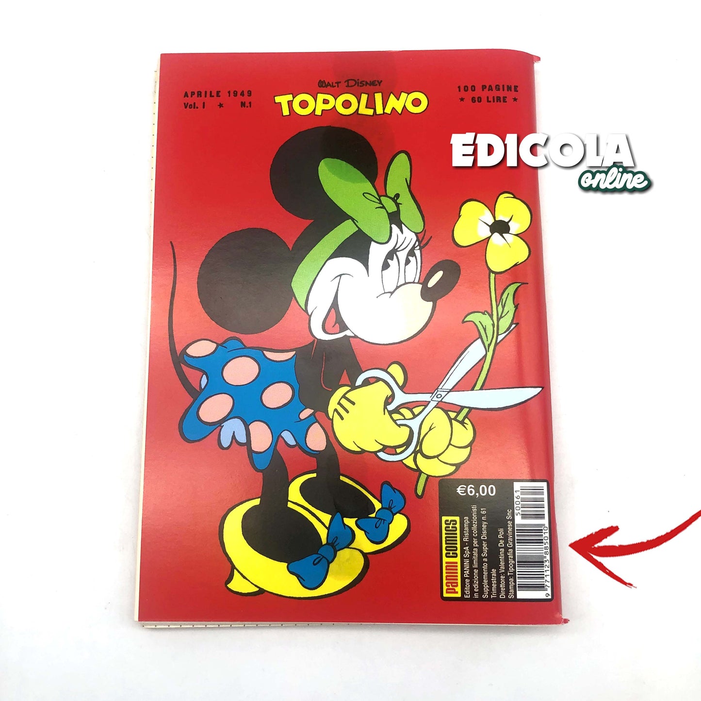 Mickey Mouse a épinglé le numéro de bande dessinée n. 1 RÉIMPRESSION Collector 60lire Vintage Rare