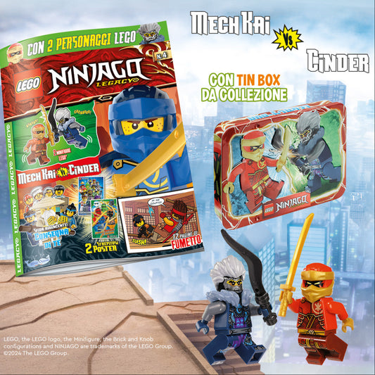 Rivista LEGO NINJAGO LEGACY n.4 con 2 Giochi : Mech Kai vs. Cinder + TIN BOX