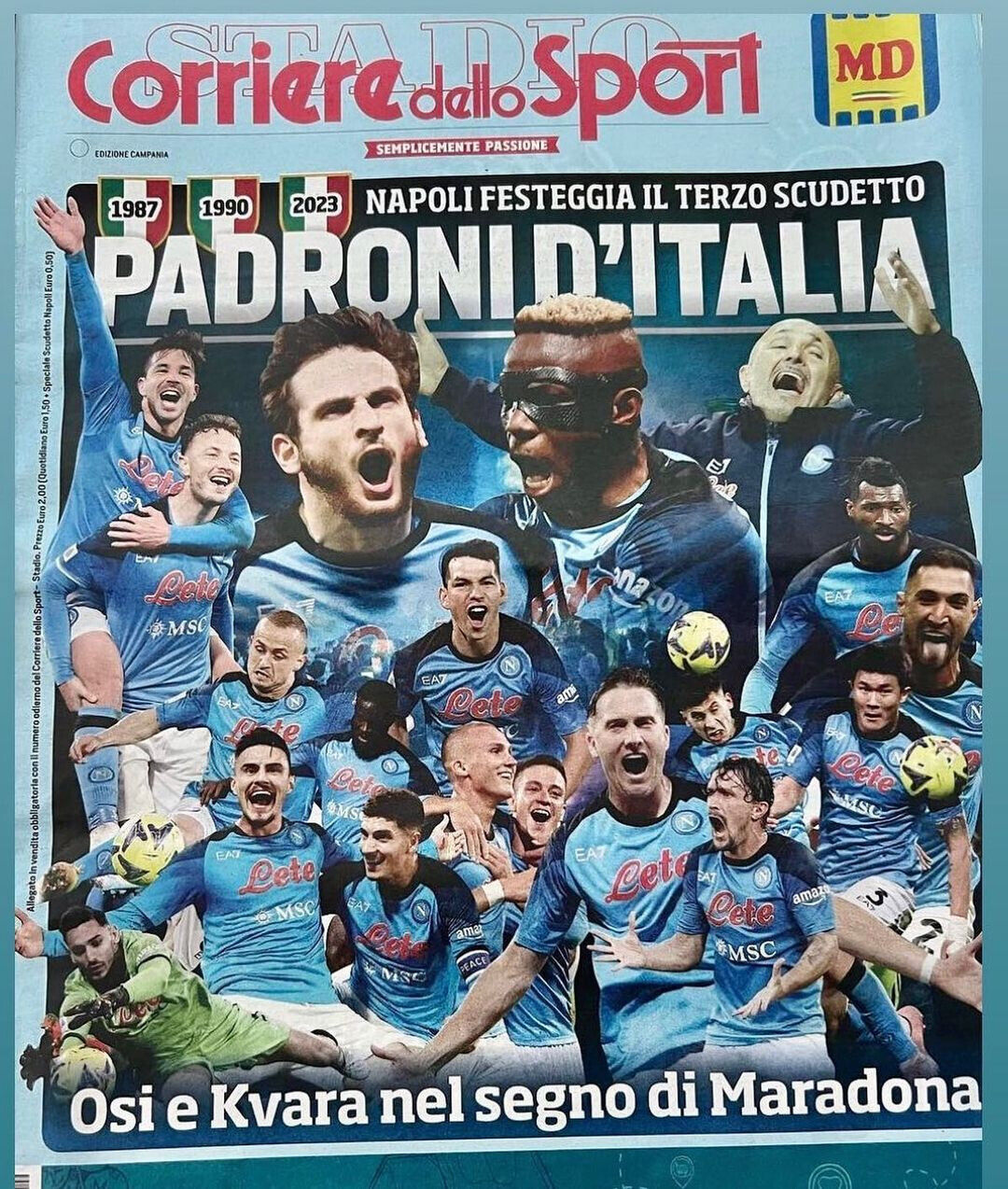 3 Zeitung „Gazzetta Corriere dello Sport“ + Beilage „Dritter Neapel-Fußball-Scudetto“.