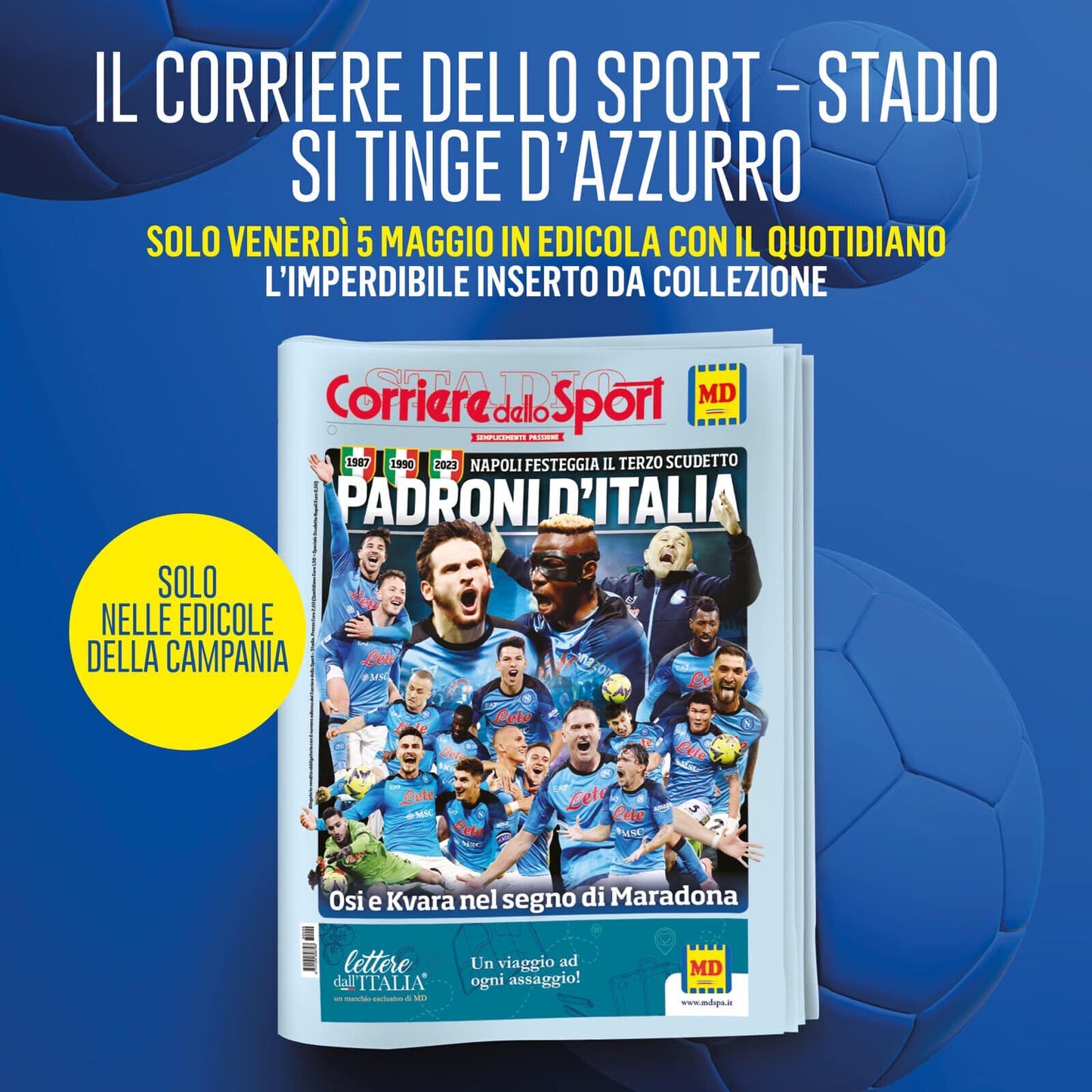 3 Zeitung „Gazzetta Corriere dello Sport“ + Beilage „Dritter Neapel-Fußball-Scudetto“.