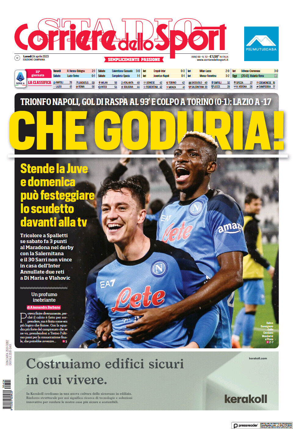 Newspaper Corriere dello Sport 3 Scudetto 24 April 23 Football Juventus Napoli 0-1