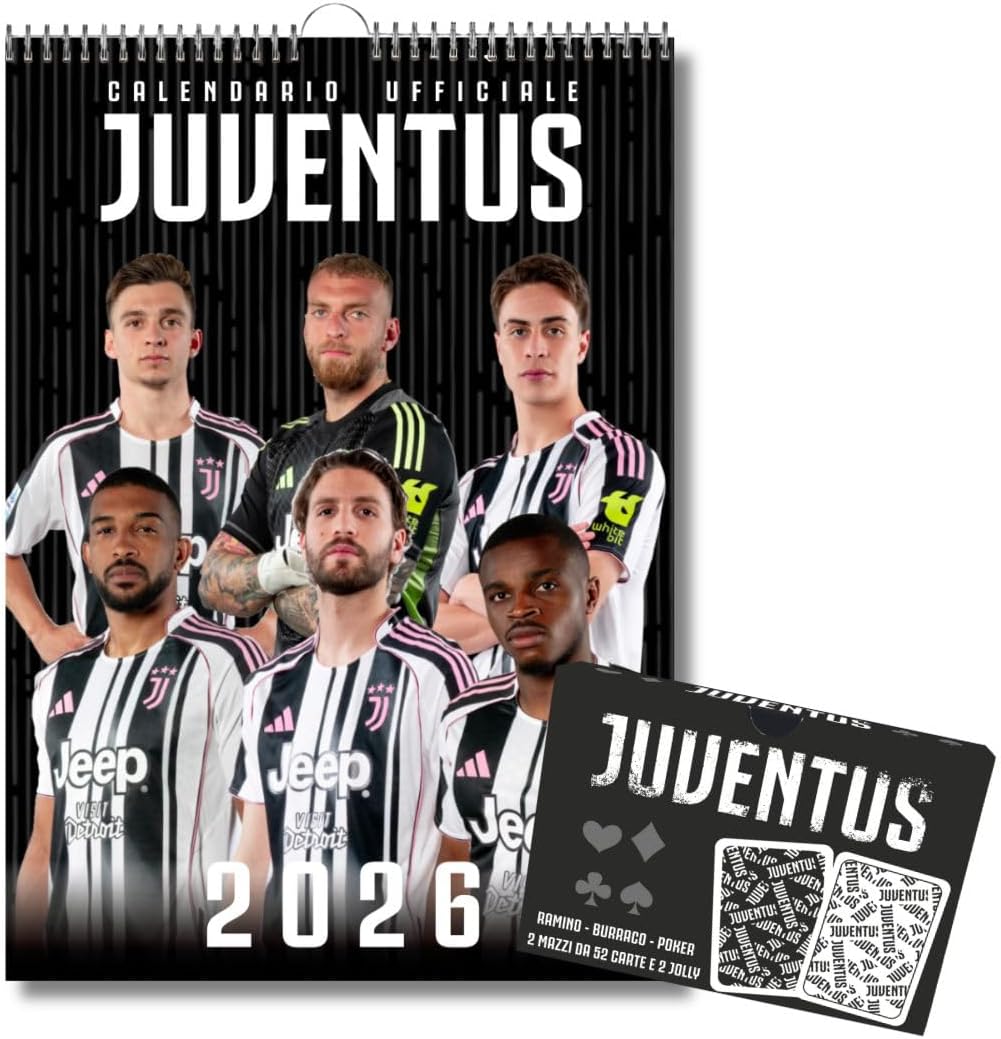 Calendario Verticale Juventus 2026 cm 29x42 + Carte da Gioco Juventus - Poker - Burraco - Ramino (2 mazzi: 52 carte per mazzo + 2 jolly) - prodotto Ufficiale