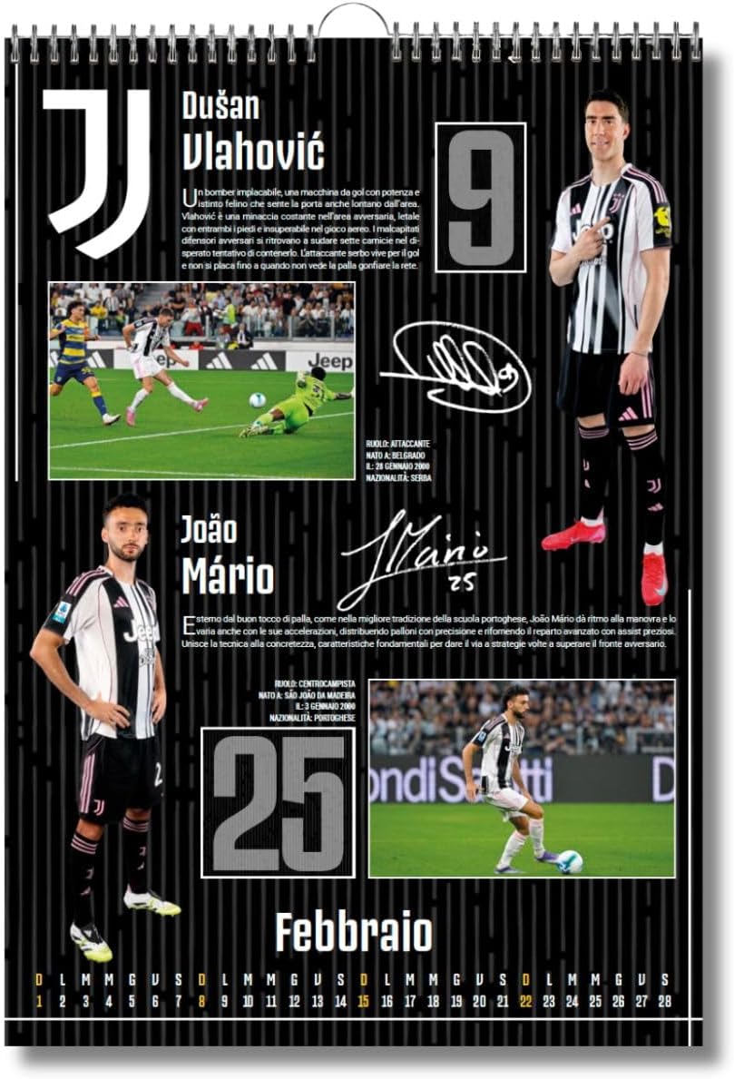 Calendario Verticale Juventus 2026 cm 29x42 + Carte da Gioco Juventus - Poker - Burraco - Ramino (2 mazzi: 52 carte per mazzo + 2 jolly) - prodotto Ufficiale