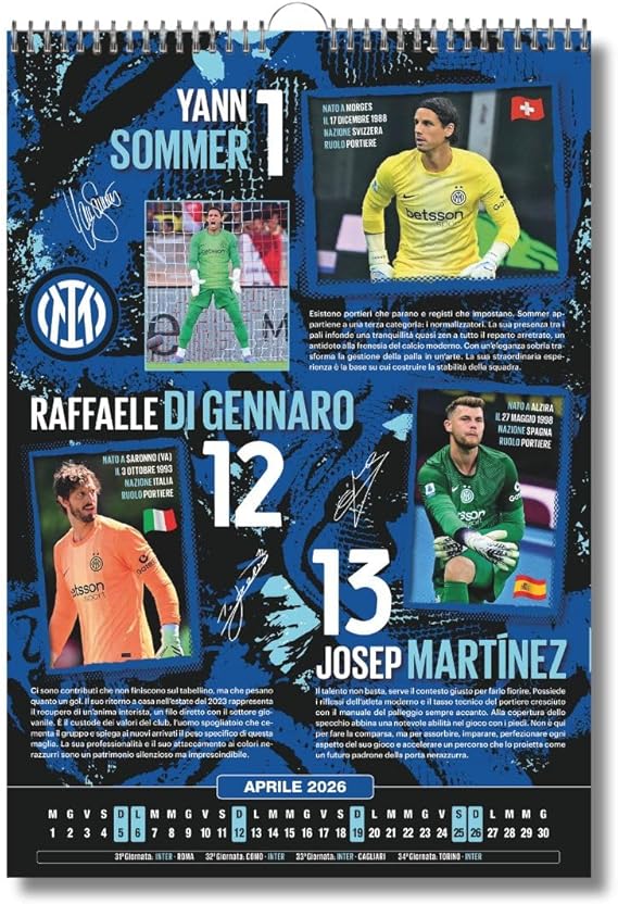 Calendario Verticale Inter 2026+ tris braccialetti in silicone - Prodotto Ufficiale - cm 29x42