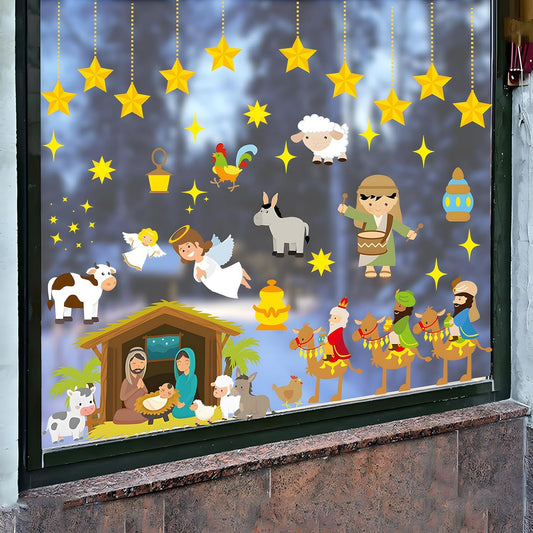 9 Fogli Vetrofanie Natalizie Presepe per finestre adesivi rimovibili