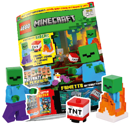Rivista LEGO Minecraft PLUS n.9 + SET : ZOMBI + BABY ZOMBI IN FIAMME + TNT