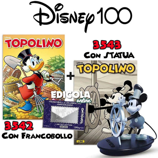 Fumetto TOPOLINO n. 3542 + 3543 Francobollo e Statua Steamboat Willie Disney 100