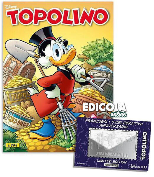 Fumetto TOPOLINO n. 3542 + 3543 Francobollo e Statua Steamboat Willie Disney 100